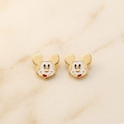 Gold stud earrings shaped like Mickey Mouse's face with white and red enamel. Cute and fun gold gifts for kids under Rs. 25,000