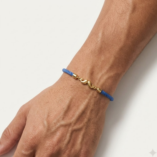Blue rope men's gold bracelet featuring an 18kt gold moustache-shaped clasp charm. A minimal gift for him under Rs. 15,000
