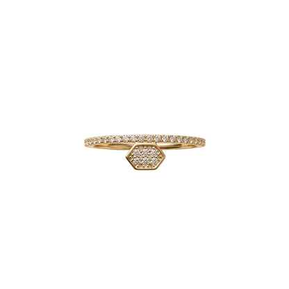 Gold hexagon diamond ring with a pave diamond band. Minimal gifts under Rs. 30,000