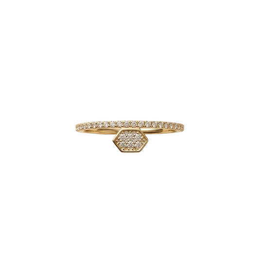 Gold hexagon diamond ring with a pave diamond band. Minimal gifts under Rs. 30,000