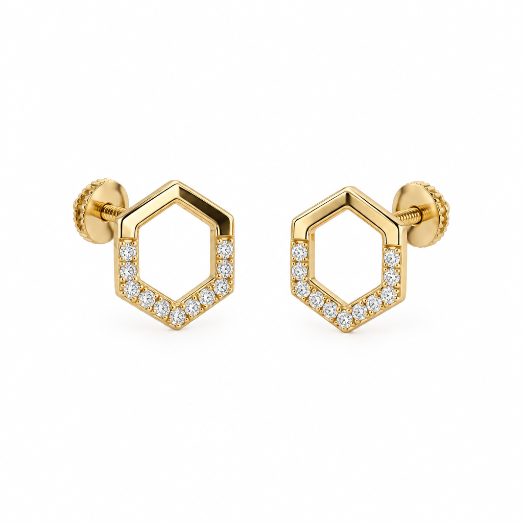 Gold hexagon-outline stud earrings lined with a single row of pave diamonds. Priced under Rs. 30,000