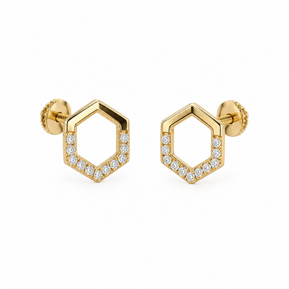 Gold hexagon-outline stud earrings lined with a single row of pave diamonds. Priced under Rs. 30,000