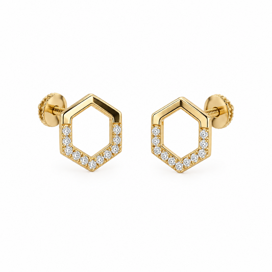 Gold hexagon-outline stud earrings lined with a single row of pave diamonds. Priced under Rs. 30,000