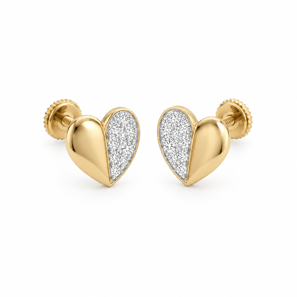 Gold heart-shaped stud earrings, one half polished and one half paved with diamonds. Minimal gifts for her under Rs. 35,000