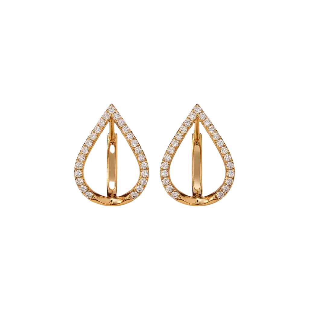 Gold open pear-shaped earrings outlined with pave diamonds. Luxe gift for her under Rs. 80,000