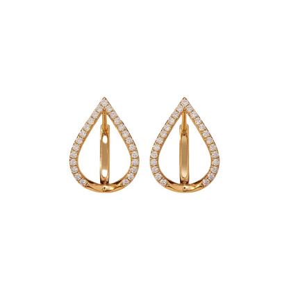Gold open pear-shaped earrings outlined with pave diamonds. Luxe gift for her under Rs. 80,000