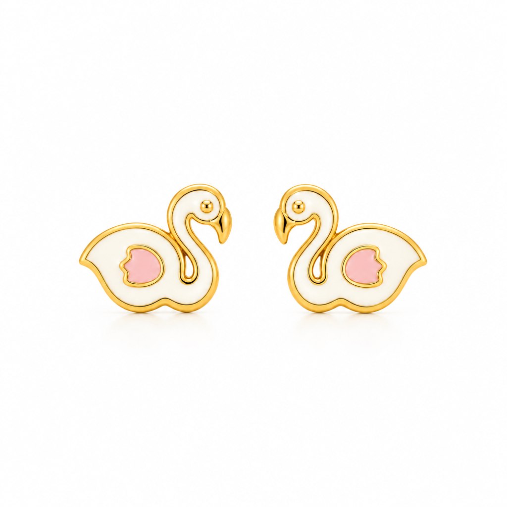 Gold stud earrings shaped like white enamel swans with pink wing detailing. Cute gifts for kids under Rs. 20,000
