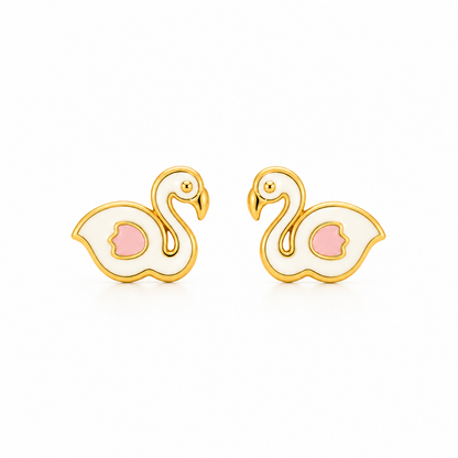 Gold stud earrings shaped like white enamel swans with pink wing detailing. Cute gifts for kids under Rs. 20,000