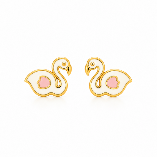 Gold stud earrings shaped like white enamel swans with pink wing detailing. Cute gifts for kids under Rs. 20,000