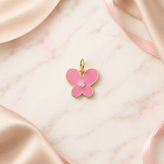 Gold pink enamel butterfly pendant set with a sparkling diamond centre priced under Rs. 20,000