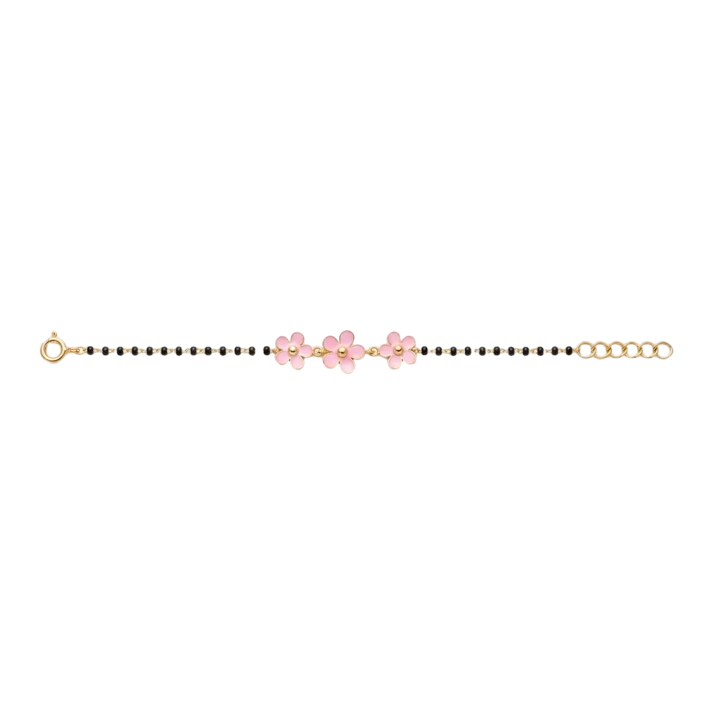 Black bead bracelet with three pink enamel flower charms. Gift for kids under Rs. 50,000