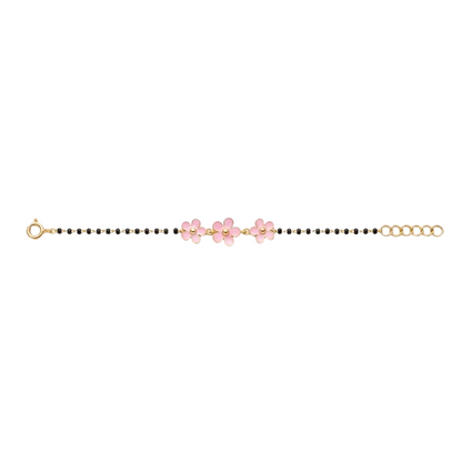 Black bead bracelet with three pink enamel flower charms. Gift for kids under Rs. 50,000