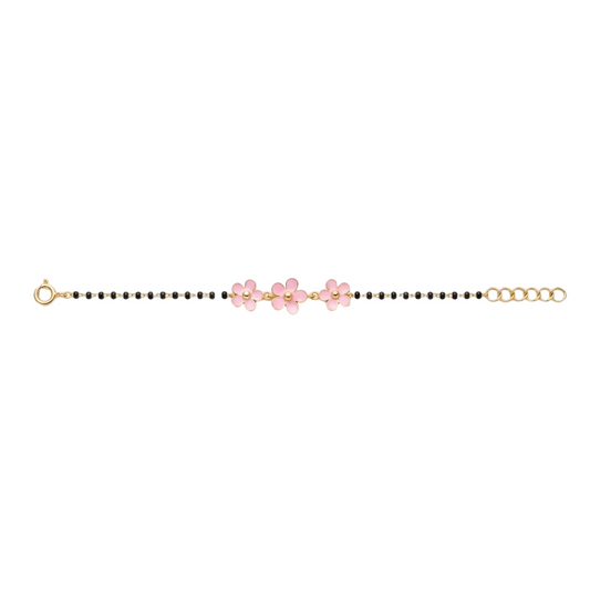 Black bead bracelet with three pink enamel flower charms. Gift for kids under Rs. 50,000
