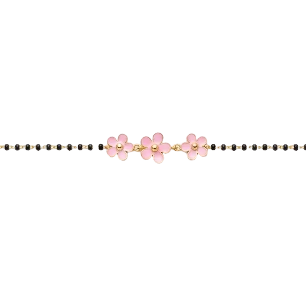 Black bead bracelet with three pink enamel flower charms. Gift for kids under Rs. 50,000