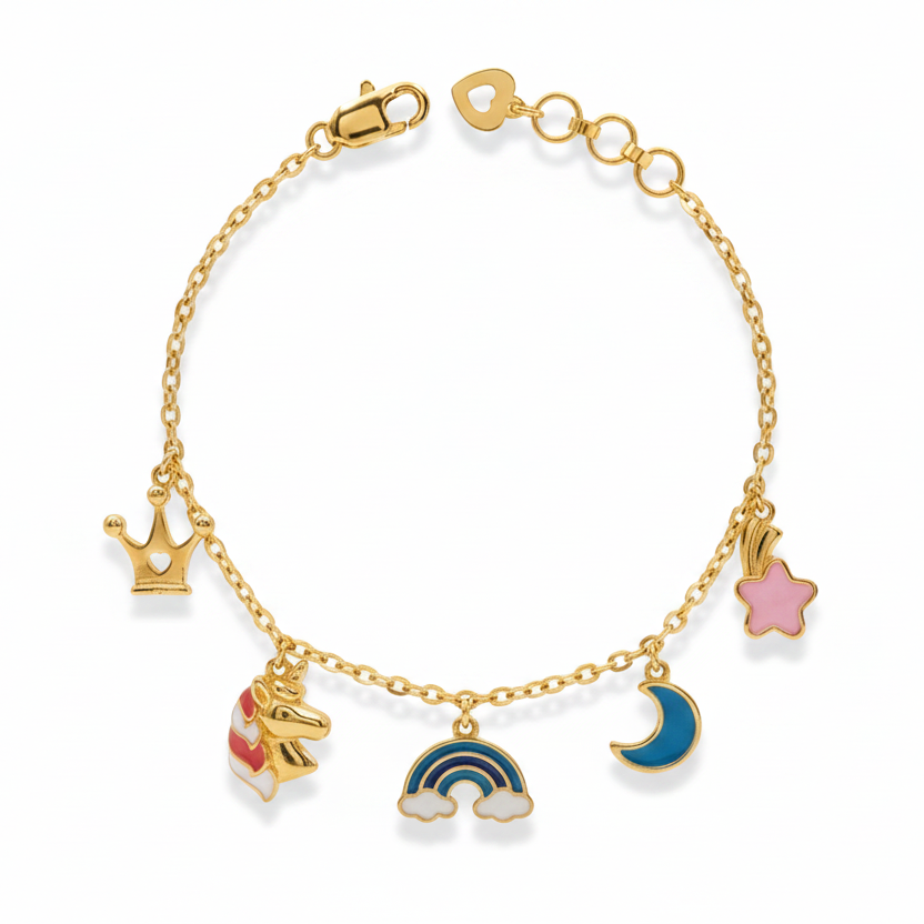 Gold charm bracelet with crown, star, moon and rainbow enamel charms under Rs. 50,000