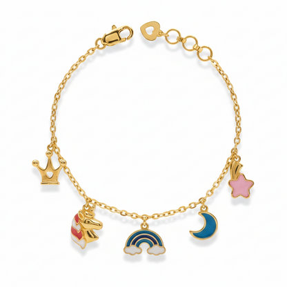 Gold charm bracelet with crown, star, moon and rainbow enamel charms under Rs. 50,000