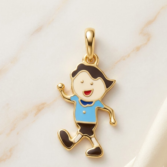 Gold running boy charm pendant with blue and black enamel detailing under Rs. 20,000