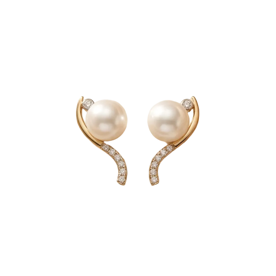 Gold curved earrings with a white pearl at the top and a pave diamond lower arc. Luxe gifts for her under Rs. 60,000