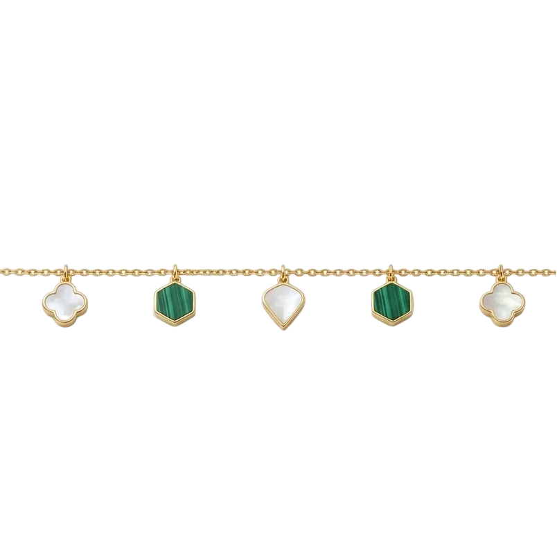 Gold chain bracelet with alternating green and white gemstone drops priced under Rs. 60,000