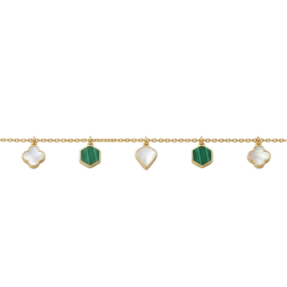 Gold chain bracelet with alternating green and white gemstone drops priced under Rs. 60,000