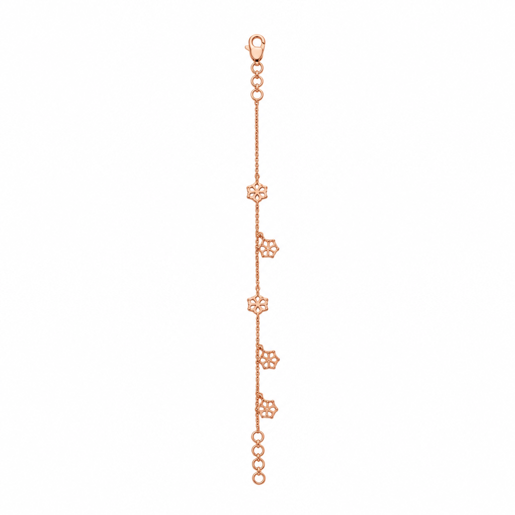 Delicate rose gold vertical chain bracelet with small flower and bead station charms priced under Rs. 35,000