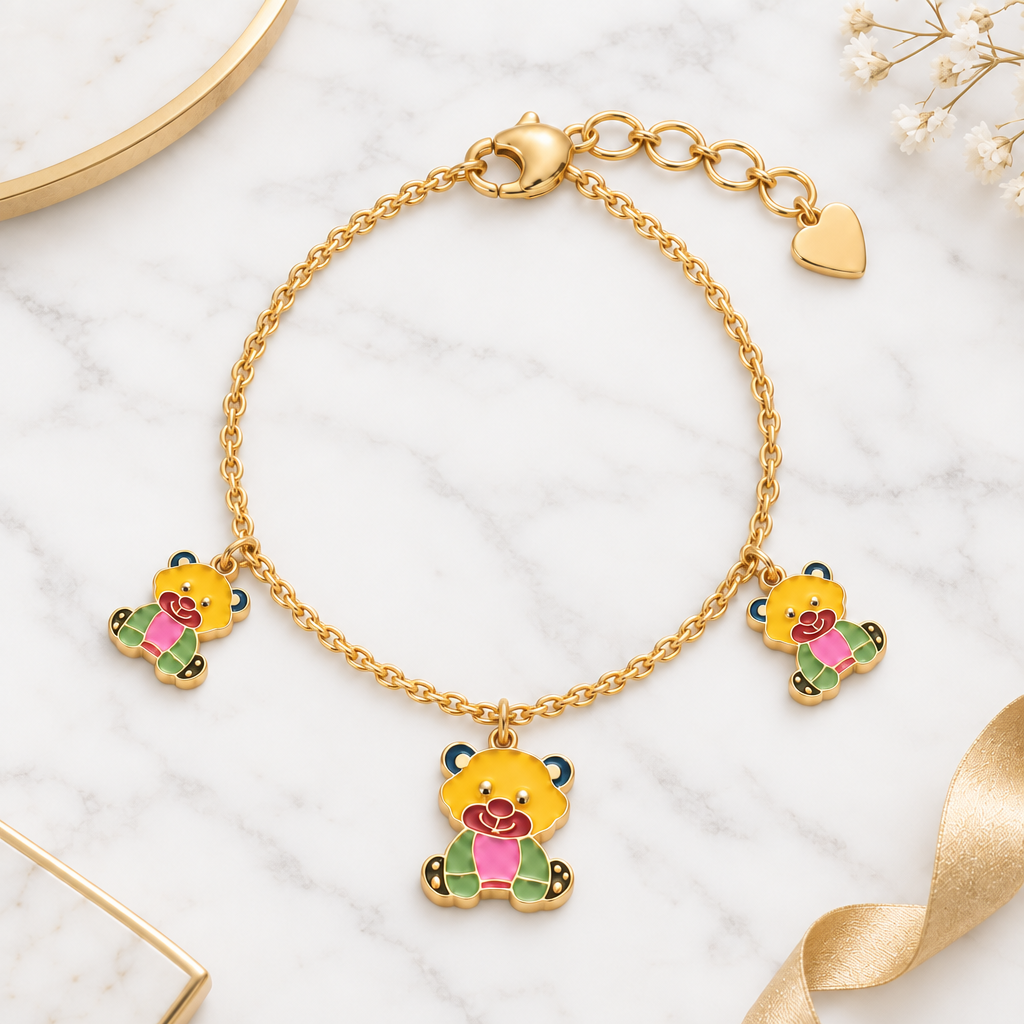 Gold chain bracelet with three colorful enamel teddy bear charms under Rs. 70,000
