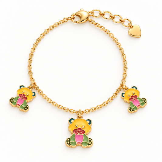 Gold chain bracelet with three colorful enamel teddy bear charms under Rs. 70,000