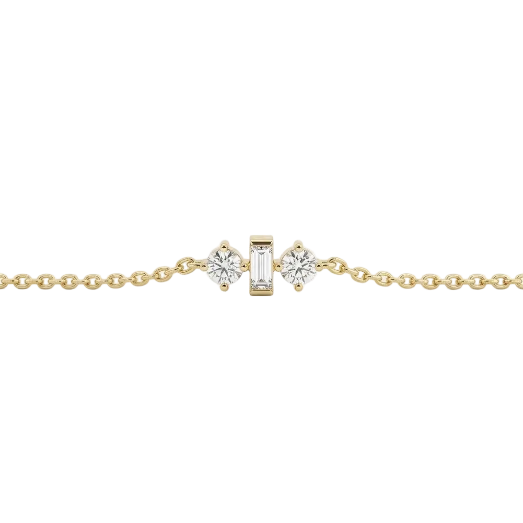 Gold chain bracelet with three sparkling diamond stones set at the center priced under Rs. 50,000