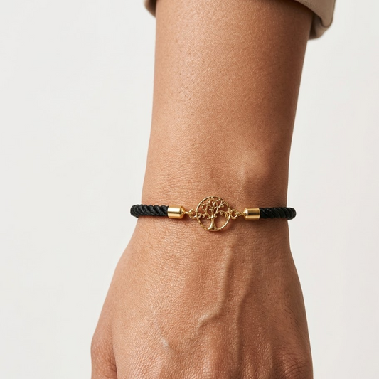 Black rope men's gold bracelet featuring an 18kt gold tree-of-life charm pendant under Rs. 15,000