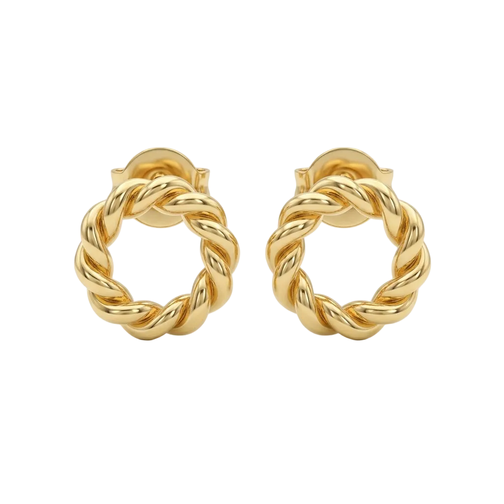 Pair of twisted rope-textured gold hoop stud earrings. Minimal gold earrings for gifting under Rs. 25,000
