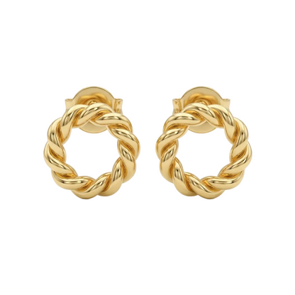 Pair of twisted rope-textured gold hoop stud earrings. Minimal gold earrings for gifting under Rs. 25,000