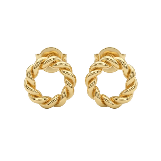 Pair of twisted rope-textured gold hoop stud earrings. Minimal gold earrings for gifting under Rs. 25,000