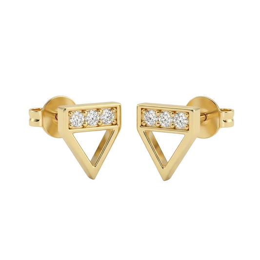 Gold inverted triangle stud earrings set with a row of round diamonds, priced under Rs. 30,000