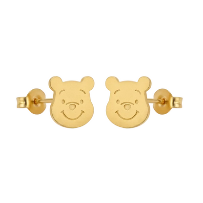 Pair of gold stud earrings shaped like Winnie the Pooh's face. Minimal and cute gifts under Rs. 20,000