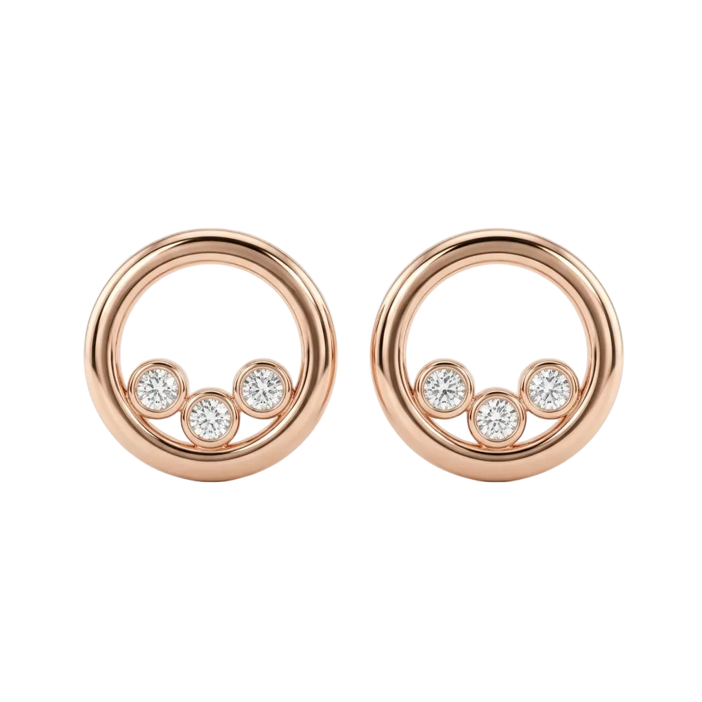 Rose gold circular stud earrings each set with three round diamonds. Priced under Rs. 40,000