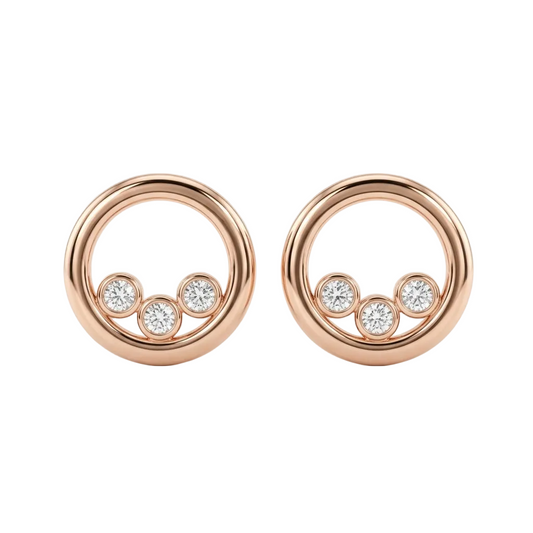 Rose gold circular stud earrings each set with three round diamonds. Priced under Rs. 40,000
