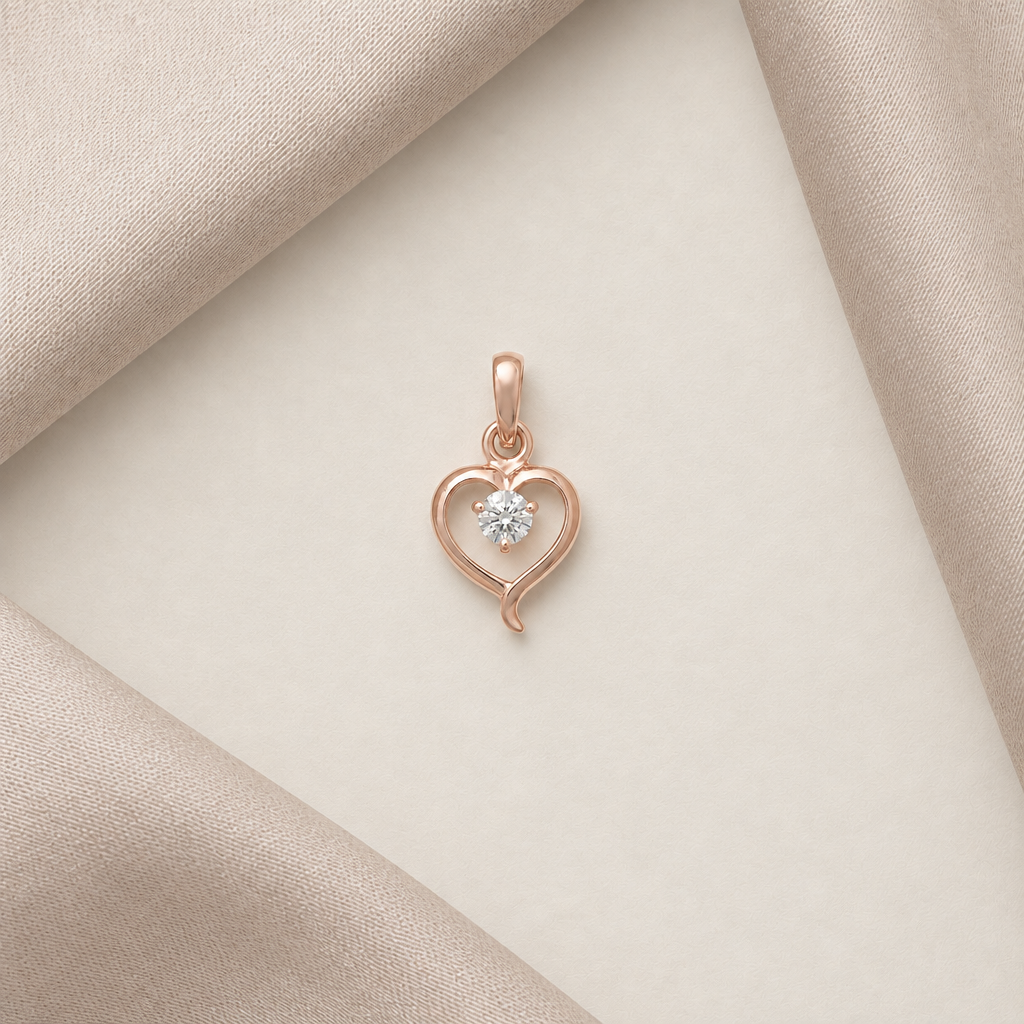 Rose gold open heart pendant set with a large sparkling centre diamond, priced under Rs. 25,000