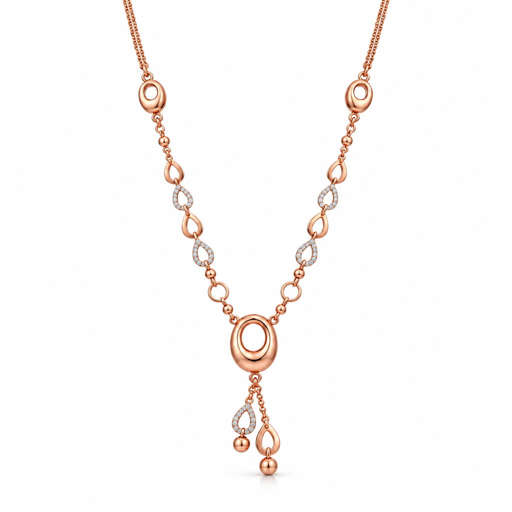 Two-tone rose and white gold Y-necklace with a teardrop pendant price under Rs. 1,50,000