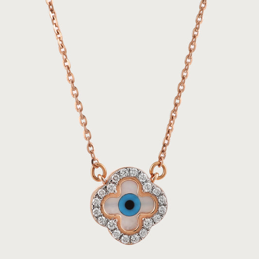 18kt gold Clover Evileye Necklace with VVS diamonds—chic fine jewellery under ₹60,000 for women.