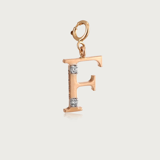 18kt gold "F" initial pendant with VVS diamonds—affordable luxury fine jewellery for women.