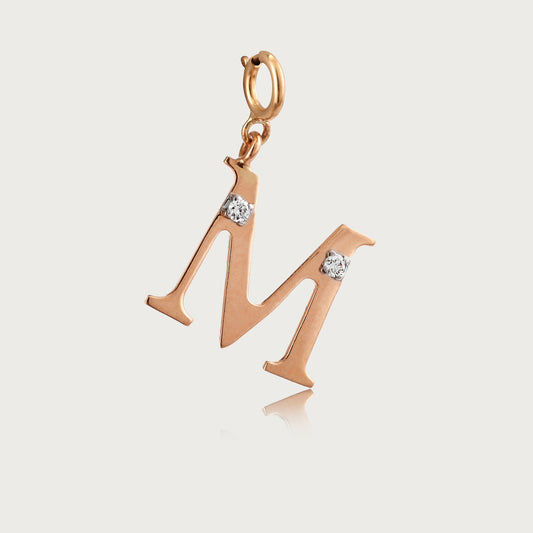 18kt gold "M" initial pendant with natural diamonds—luxury fine jewellery under ₹15,000.