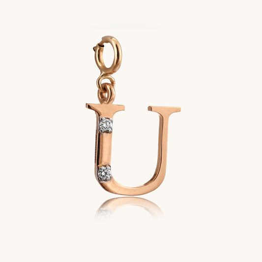 18kt gold "U" initial pendant with natural diamonds—affordable luxury fine jewellery under ₹15,000.