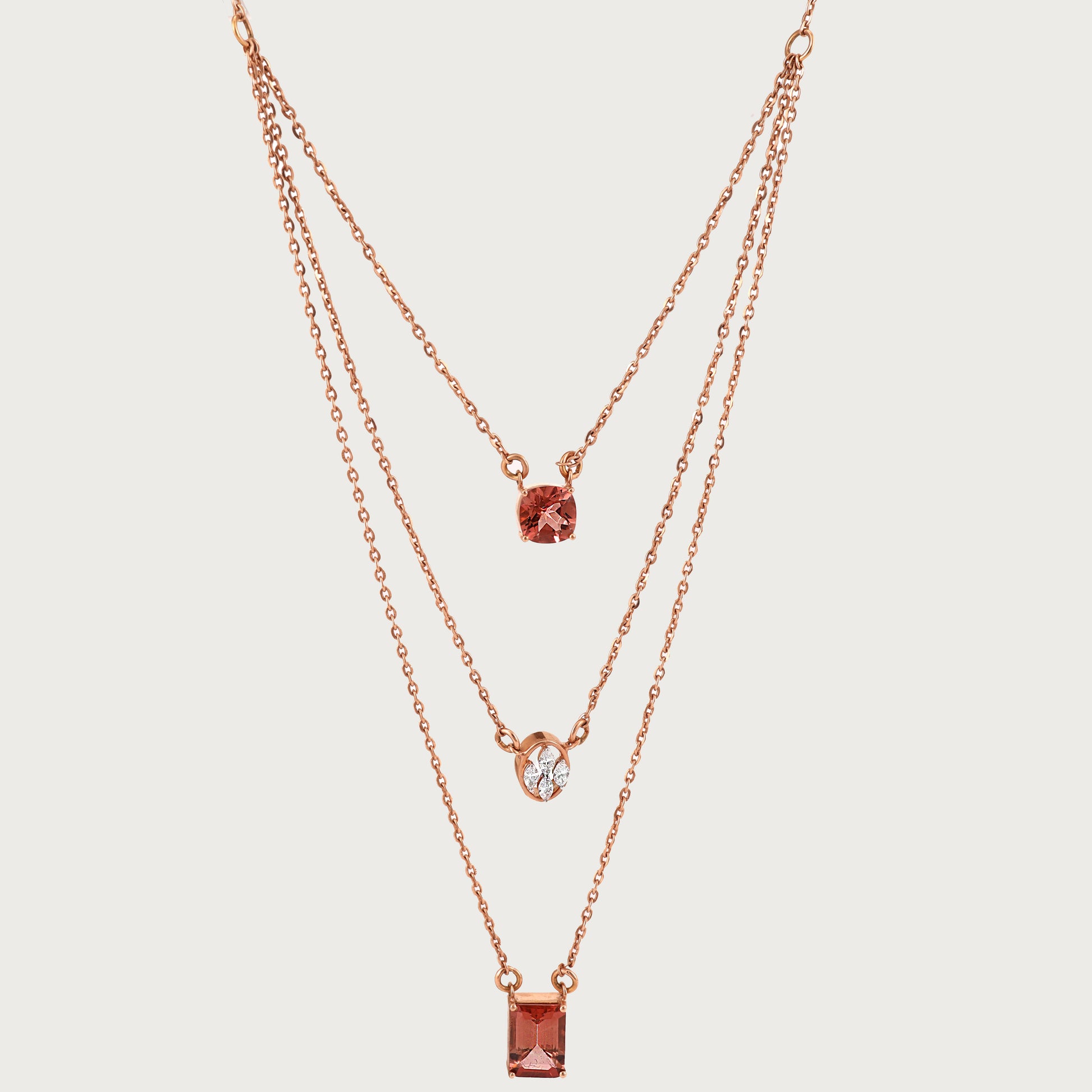 Triple Chain Necklace in 18kt gold with VVS diamonds—layered fine jewellery for modern elegance under 120,000.