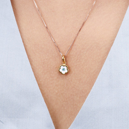 Caratly 22kt gold Evil Eye Flower Pendant featuring a scalloped white enamel flower charm with a central blue eye motif under Rs. 30,000
