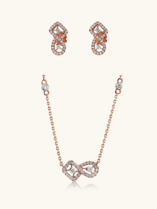 Elegant 18kt gold diamond necklace & earrings—minimal fine jewellery with affordable luxury appeal.