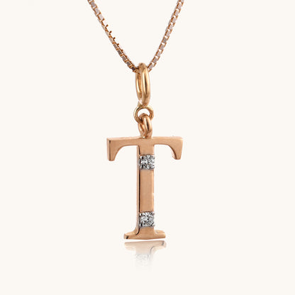 18kt gold "T" initial pendant with natural diamonds—luxury fine jewellery under ₹15,000.