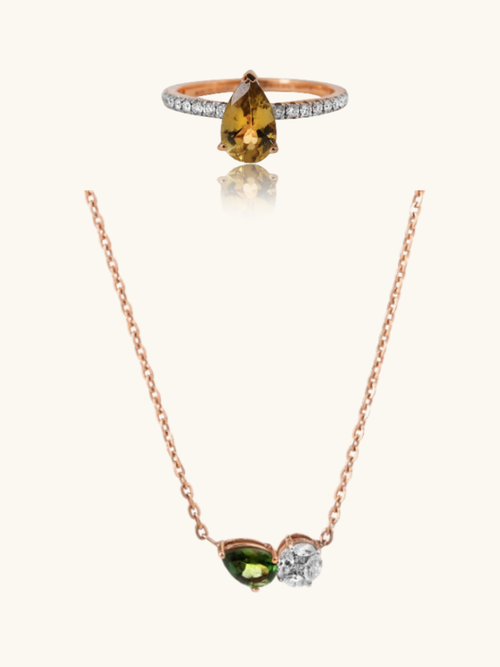 18kt gold Tourmaline Diamond Set with natural diamonds – minimal, IGI certified fine jewellery set under 1 lakh.