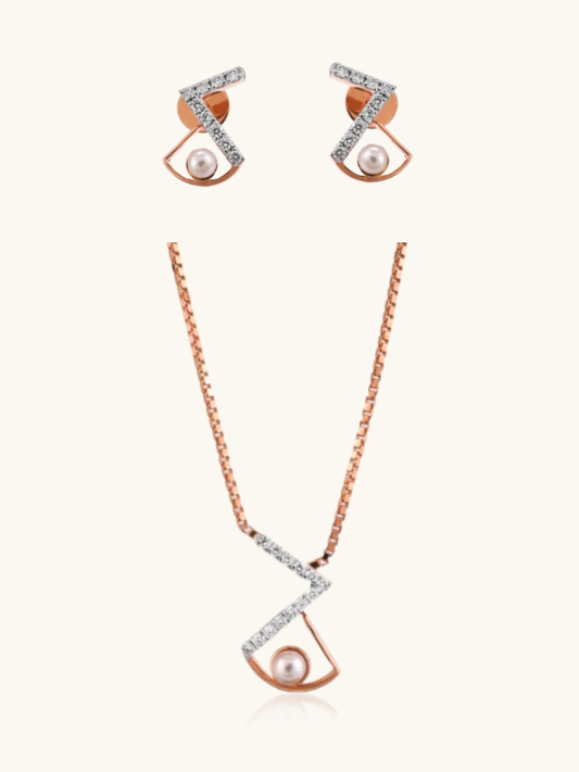 Elegant 18kt gold diamond & pearl necklace with earrings—minimal fine jewellery with trendy aesthetics.