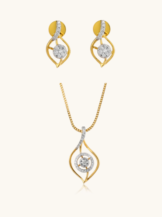 Elegant 18kt gold diamond pendant & earrings—affordable fine jewellery with minimal aesthetics under Rs. 80,000
