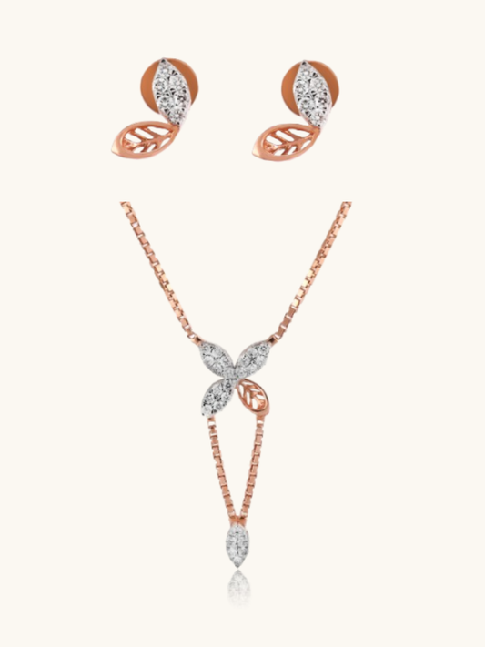 Elegant 18kt gold diamond necklace & earrings—affordable, minimal fine jewellery set with timeless appeal.